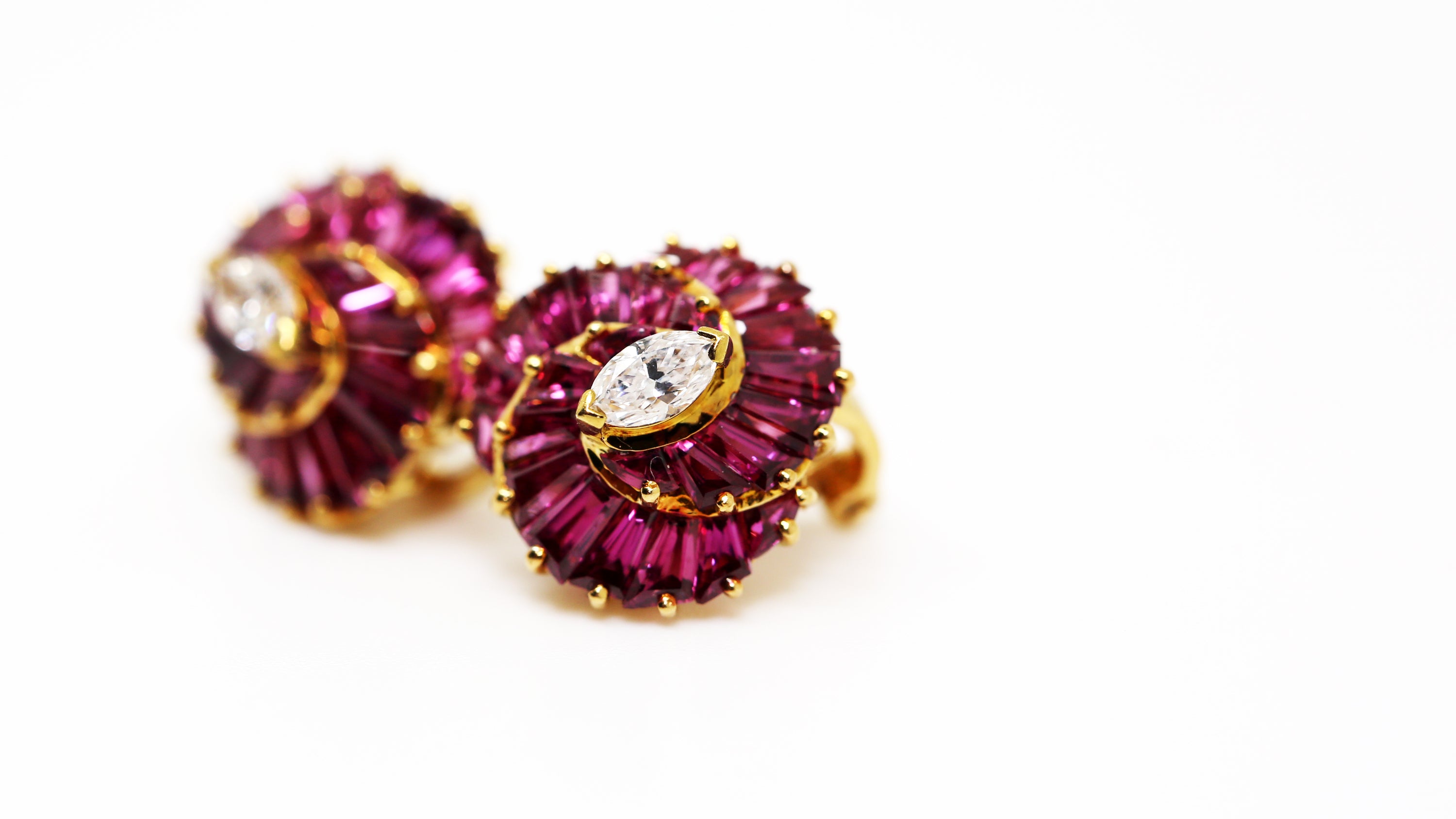 Diamond and Baguette Cut Ruby Cluster Earrings