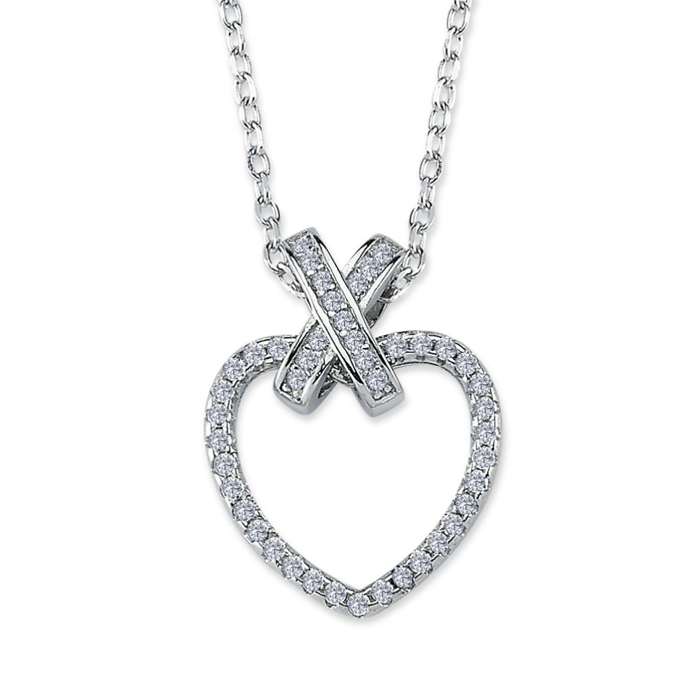 Cubic Zirconia Kiss &amp; Heart Pendant in Rhodium Plated Silver