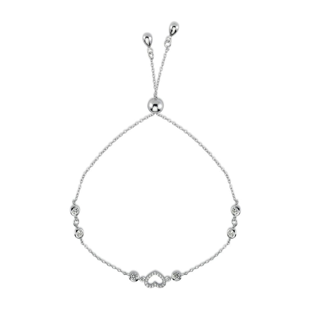 Cubic Zirconia Rub Over Set Heart Toggle Bracelet in Rhodium Plated Silver