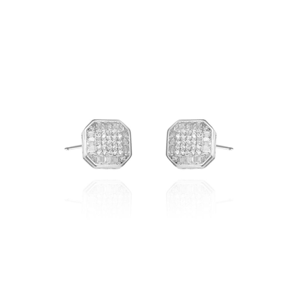 Pave Baguette & Round Cubic Zirconia Square Stud Earrings in Rhodium Plated Silver