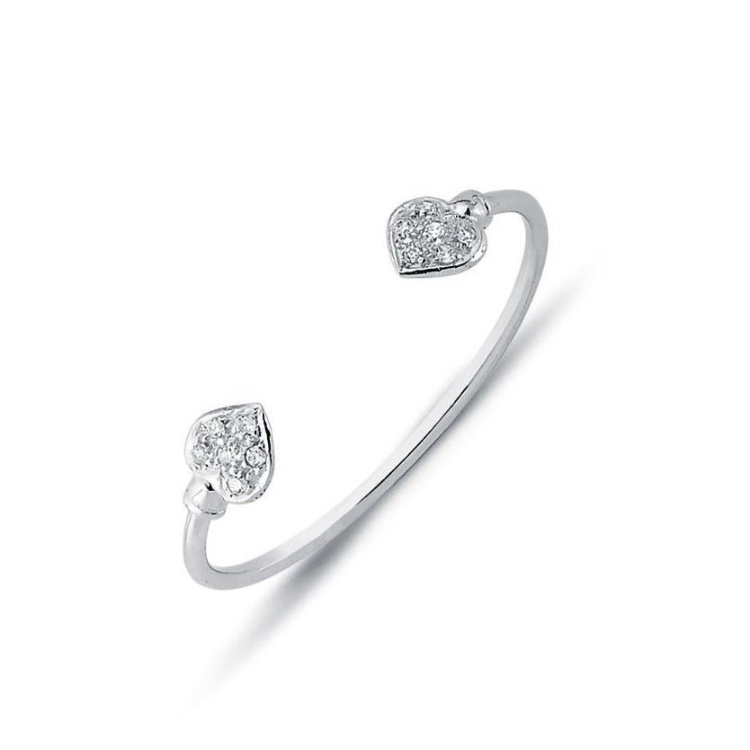 Pave Set Heart Cubic Zirconia Children’s Torque Bangle in Rhodium Plated Silver