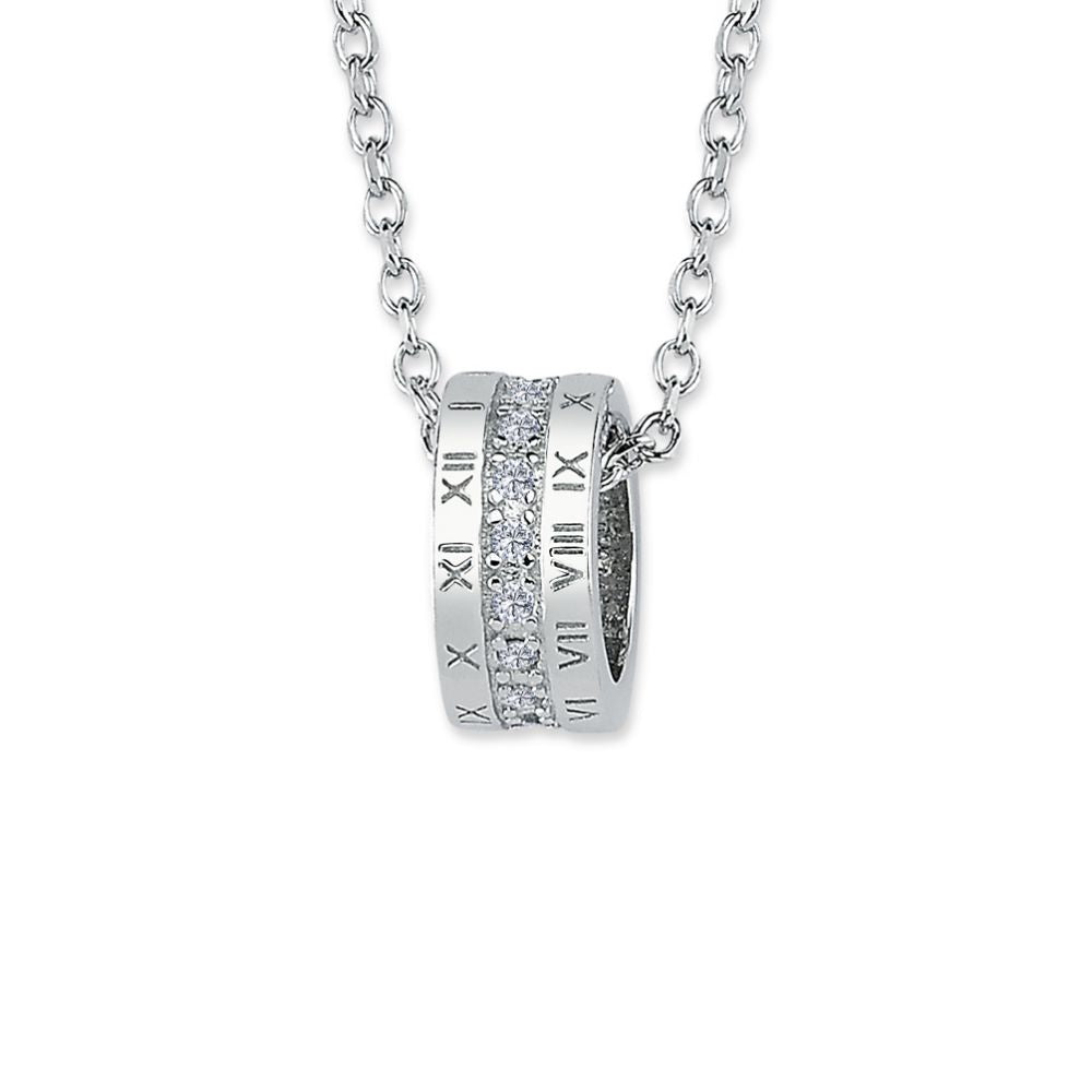 Roman Numerals Cubic Zirconia Ring Pendant in Rhodium Plated Silver