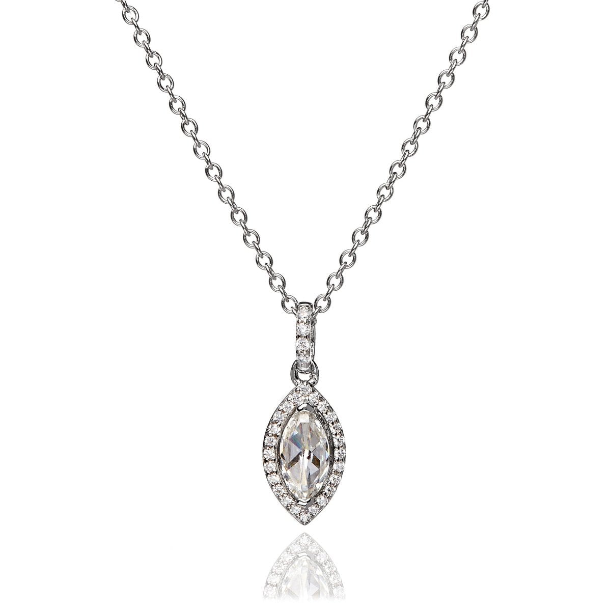 0.88ct Marquise Cut Cubic Zirconia Halo Pendant in Rhodium Plated Silver