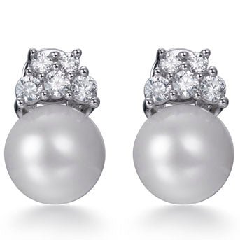 1.25ct Cubic Zirconia Crown Pearl Stud Earrings in Rhodium Plated Silver