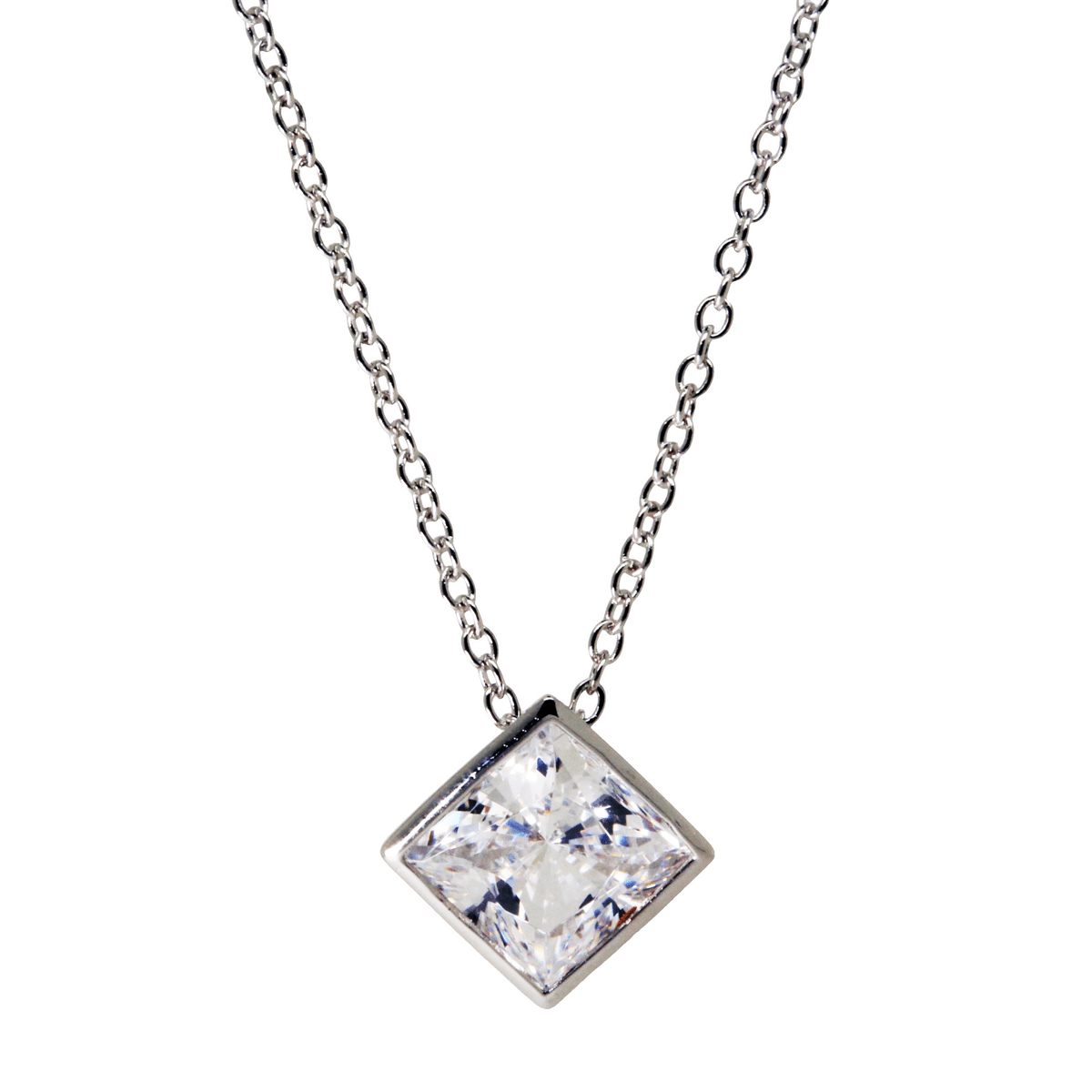 1.85ct Cubic Zirconia Princess Cut Bezel Pendant in Rhodium Plated Silver