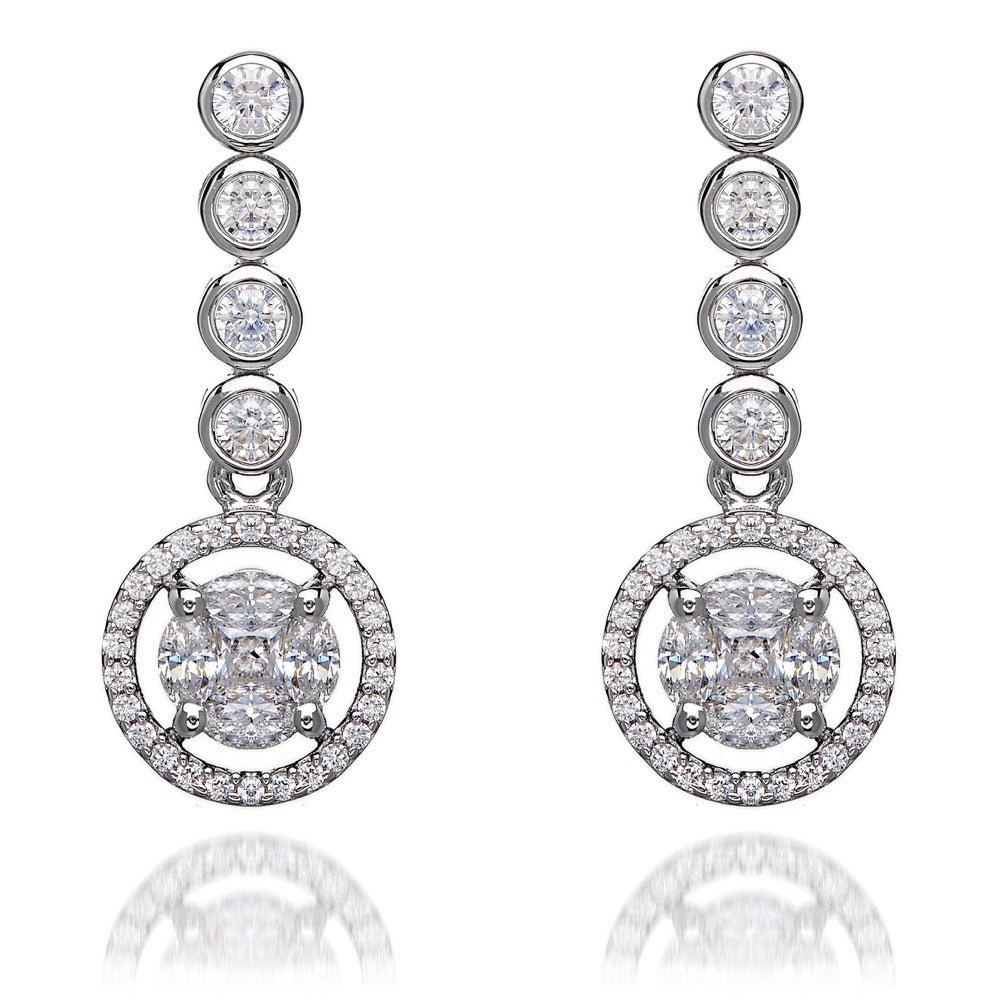 2.0ct Cubic Zirconia Rub Over Set Halo Drop Earrings in Rhodium Plated Silver