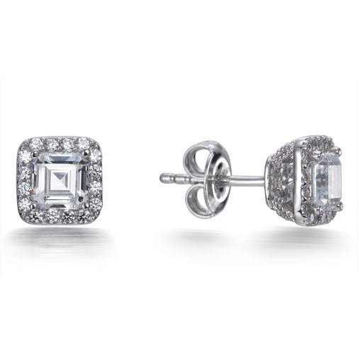 2.20ct Cubic Zirconia Princess Cut Halo Stud Earrings in Rhodium Plated Silver