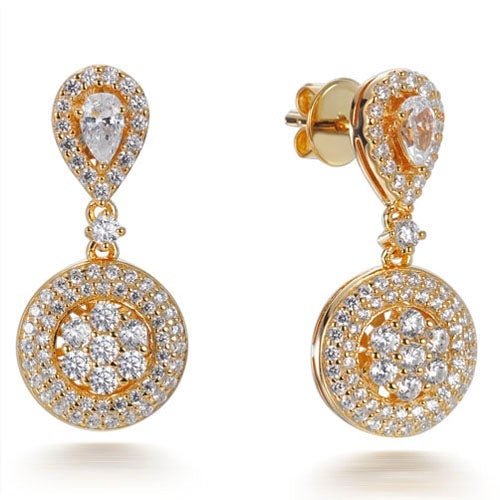2.65ct Cubic Zirconia Pear & Round Custer Drop Earrings in 14k Yellow Gold Plated Silver