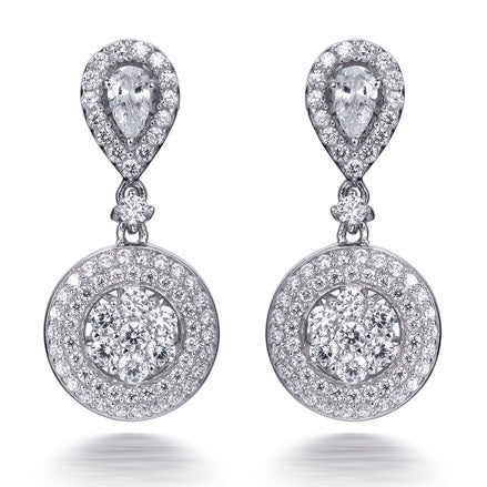 2.65ct Cubic Zirconia Pear &amp; Round Custer Drop  Earrings in Rhodium Plated Silver