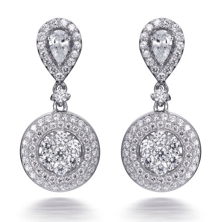 2.65ct Cubic Zirconia Pear & Round Custer Drop  Earrings in Rhodium Plated Silver