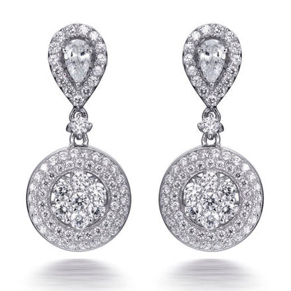2.65ct Cubic Zirconia Pear &amp; Round Custer Drop  Earrings in Rhodium Plated Silver