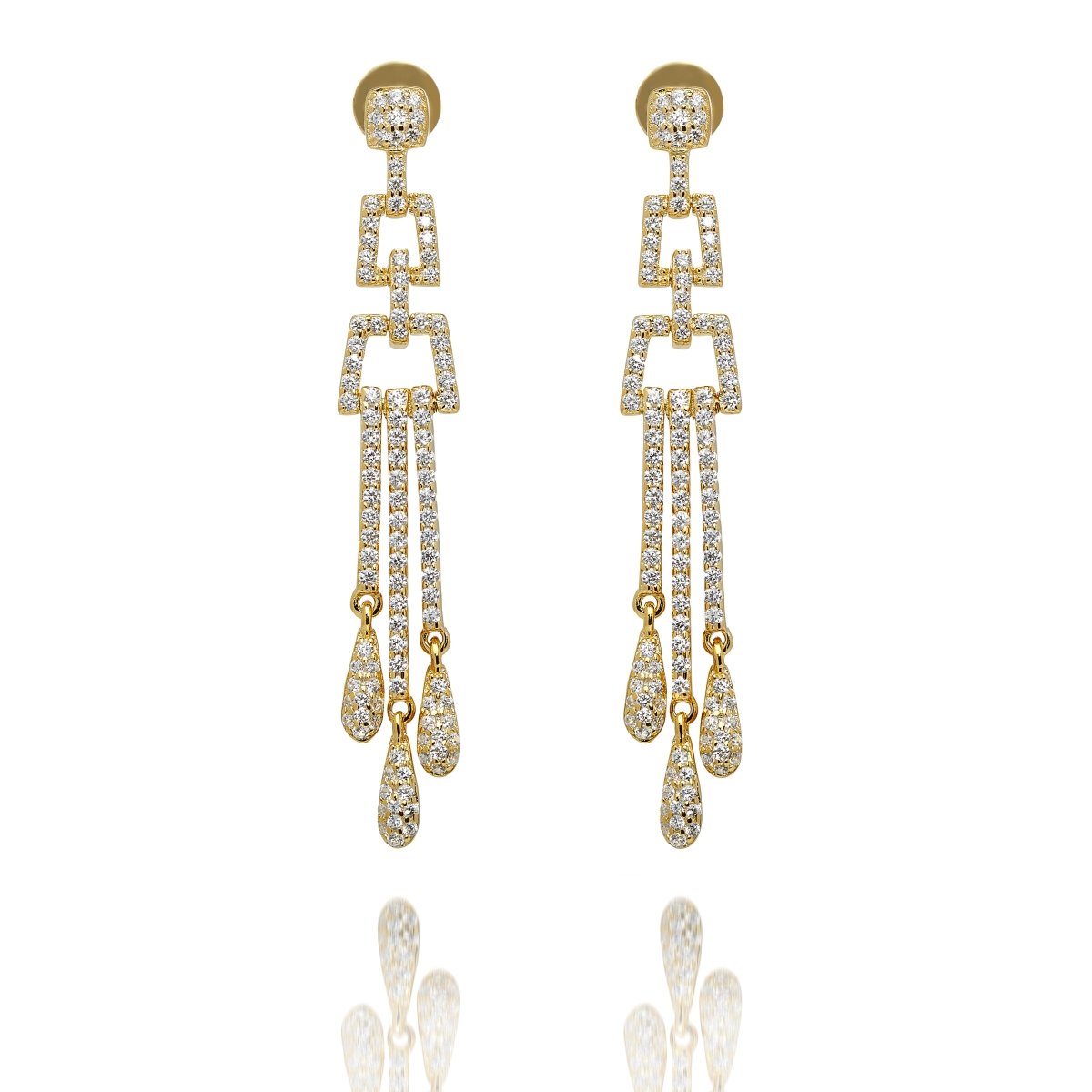 Cubic Zirconia Art Deco Drop Earrings in 14k Yellow Gold Plated Silver