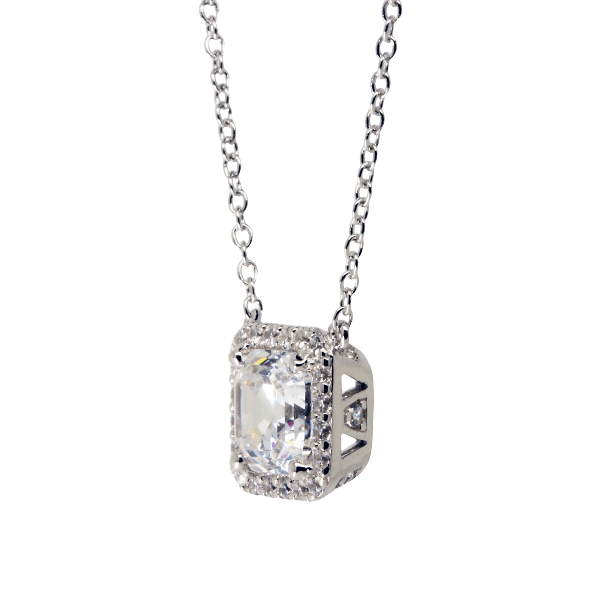 3.00ct Asscher Cut Cubic Zirconia Halo Pendant in Rhodium Plated Silver