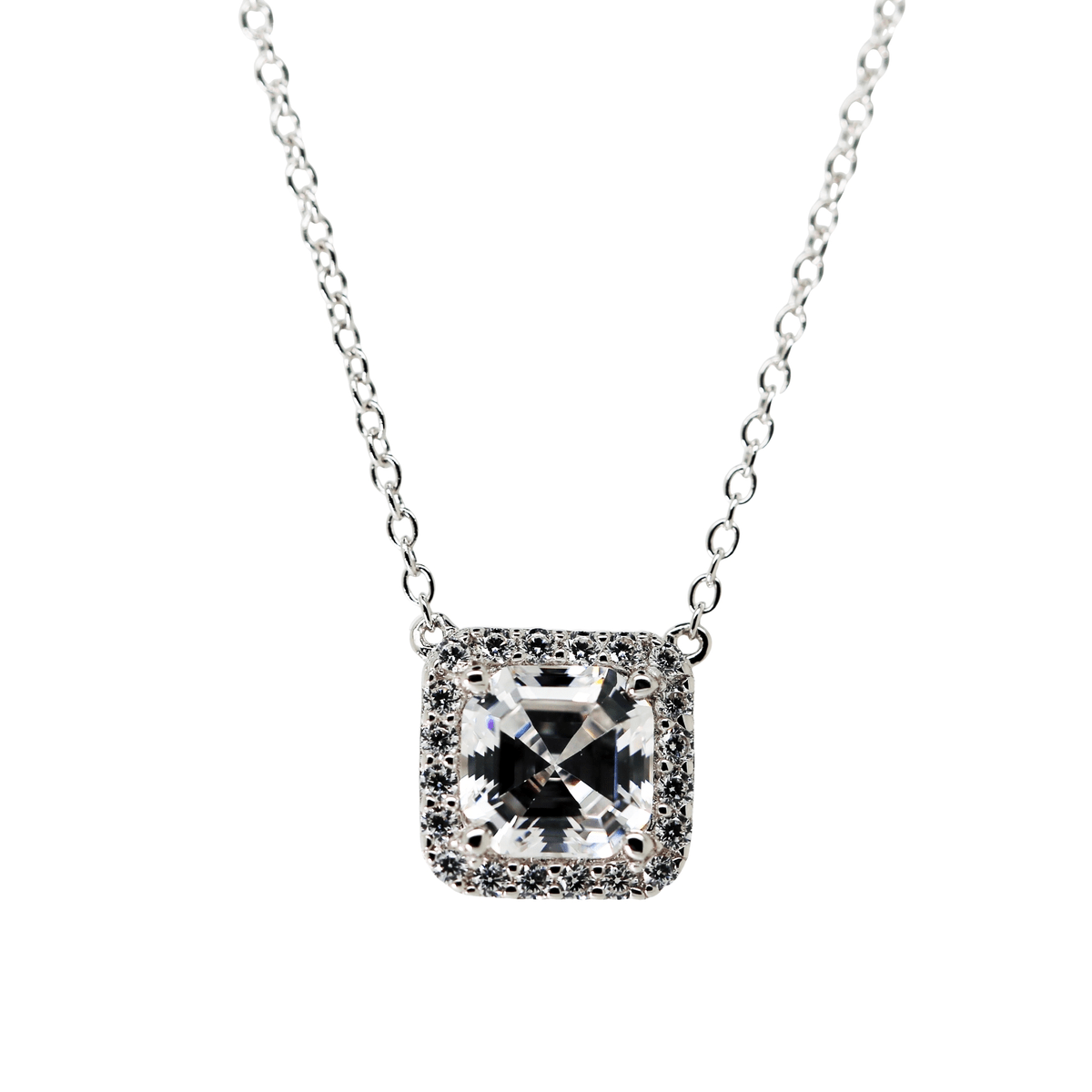 3.00ct Asscher Cut Cubic Zirconia Halo Pendant in Rhodium Plated Silver