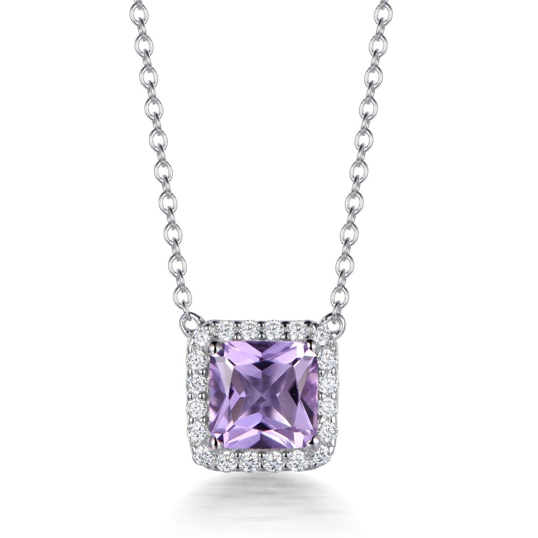 3.00ct Asscher Cut Purple Cubic Zirconia Royal Halo Pendant in Rhodium Plated Silver