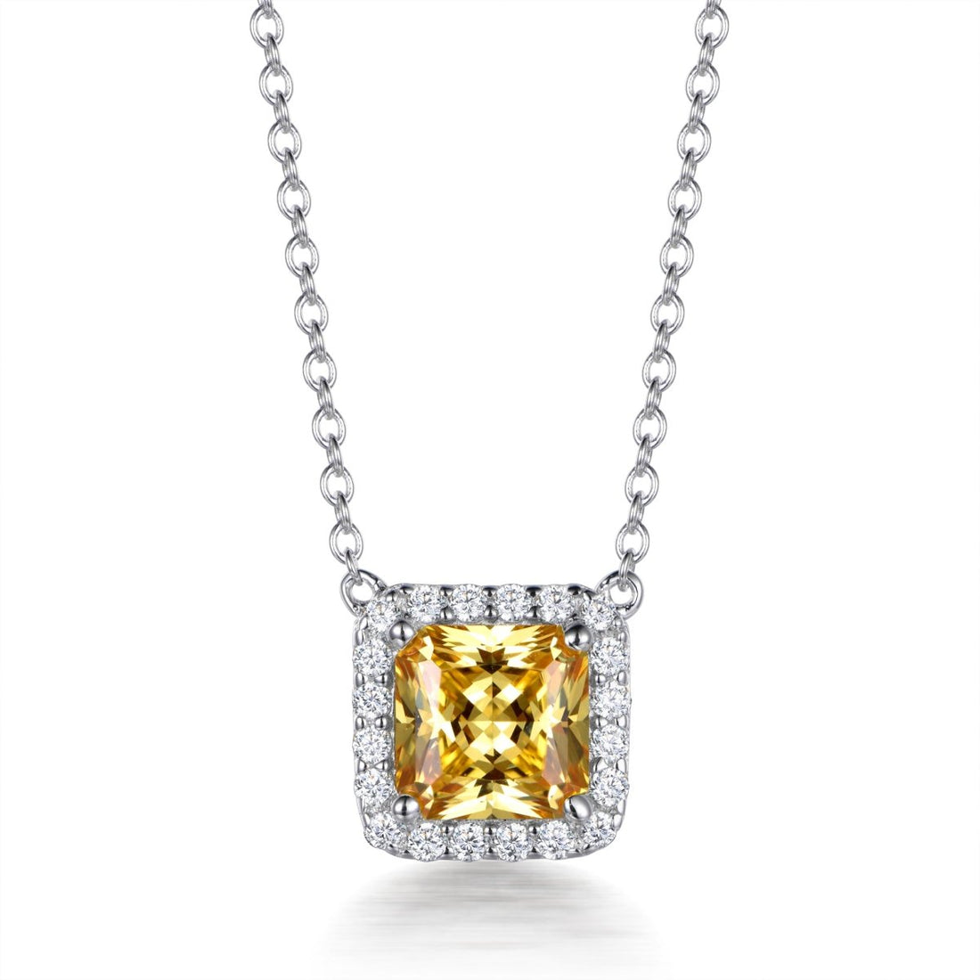3.00ct Asscher Cut Yellow Cubic Zirconia Halo Pendant in Rhodium Plated Silver
