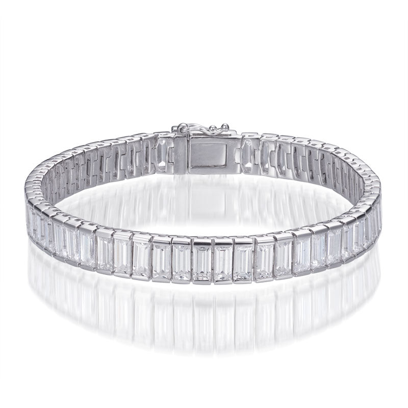30.0ct Baguette Cut Cubic Zirconia Tennis Bracelet Set in Rhodium Plated Silver