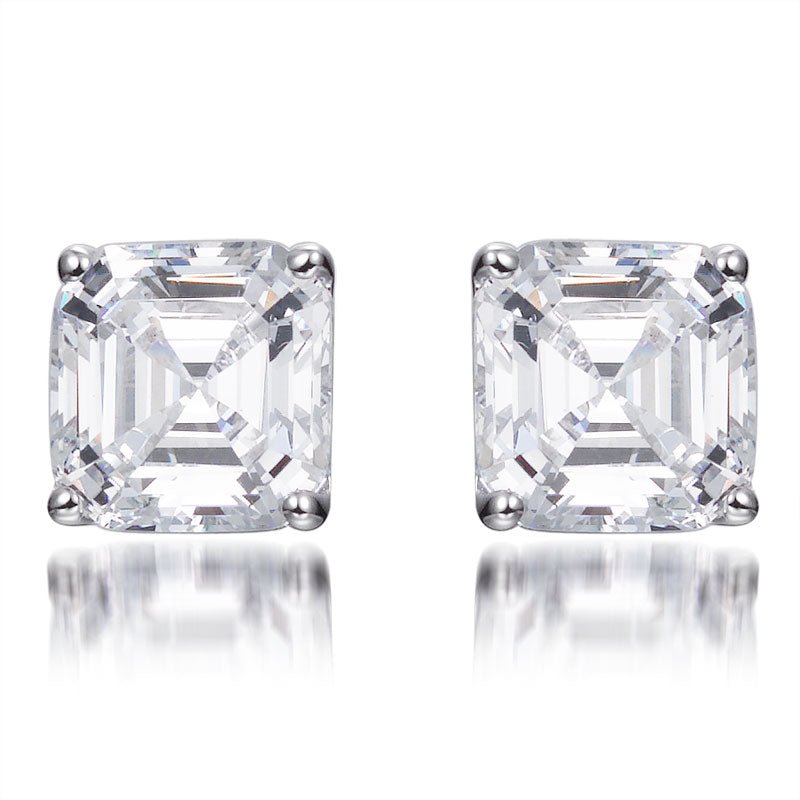 3.10ct Asscher Cut Cubic Zirconia Stud Earrings in Rhodium Plated Silver