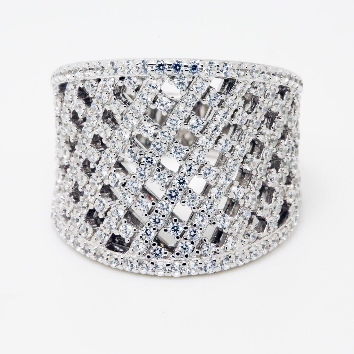 3.50ct Cubic Zirconia Lattice Curve Ring in Rhodium Plated Silver