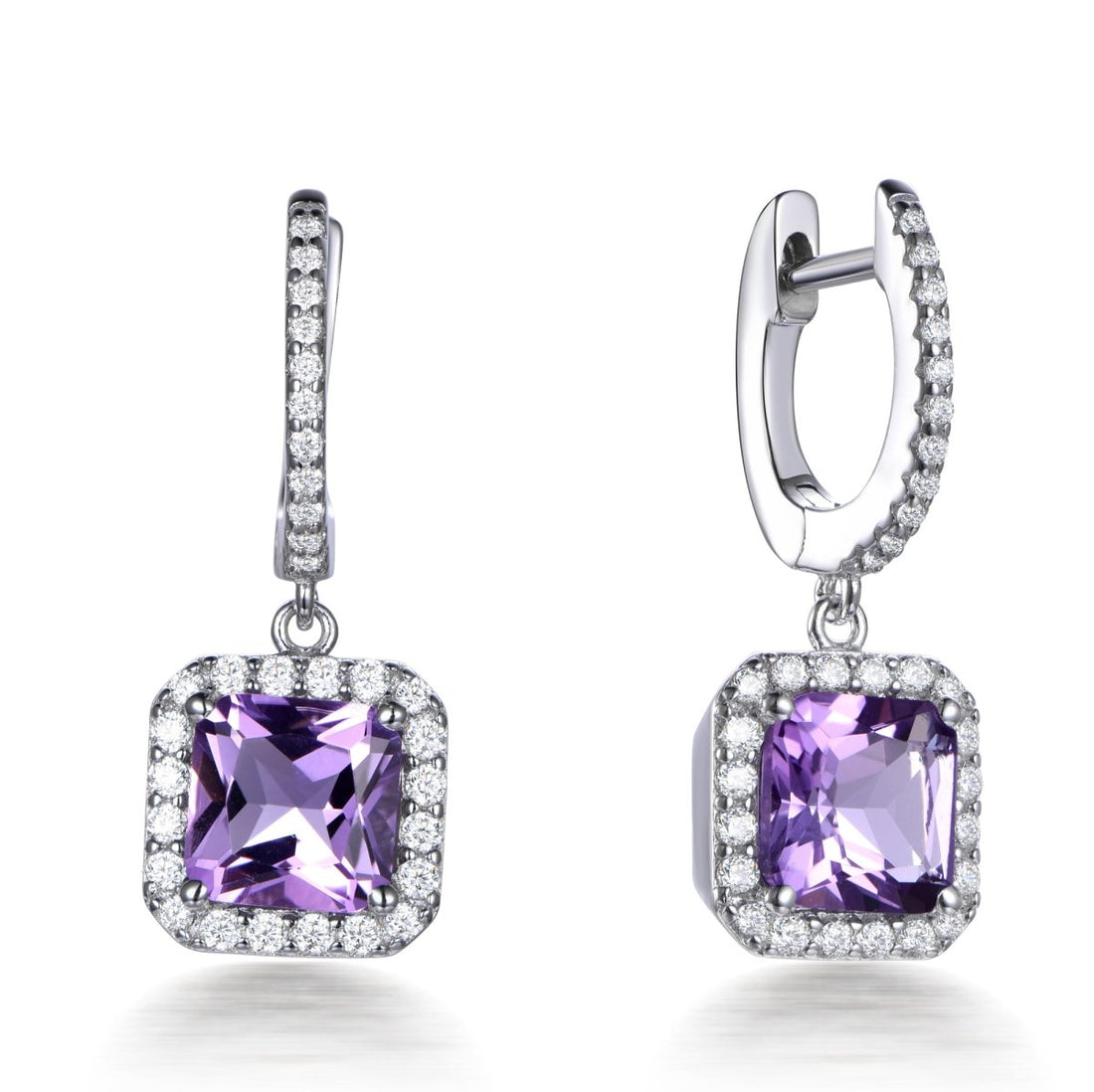 5.0ct Amethyst &amp; Cubic Zirconia Royal Halo Drop Earrings in Rhodium Plated Silver