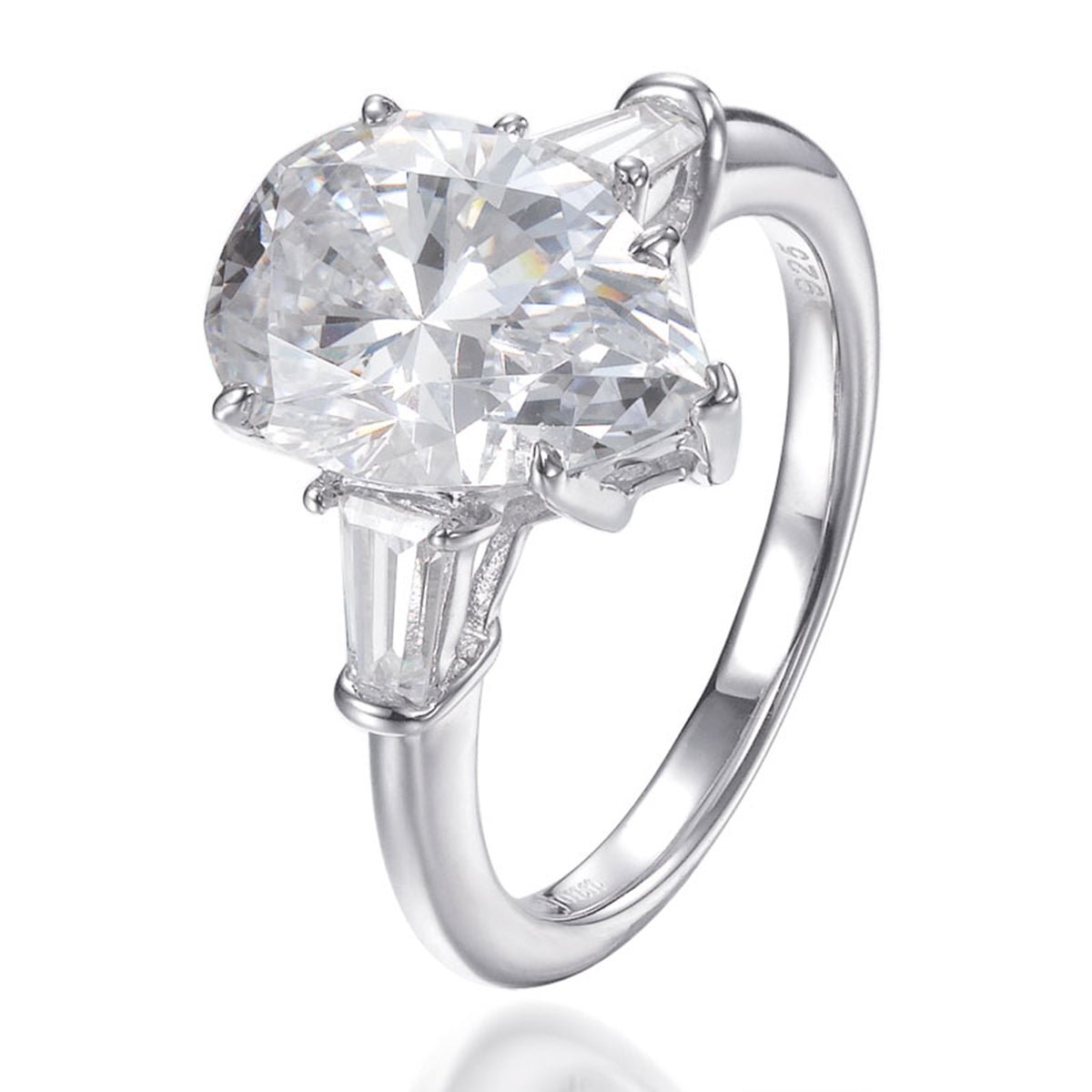 5.10ct Cubic Zirconia Pear Shape & Side Stone Ring in Rhodium Plated Silver