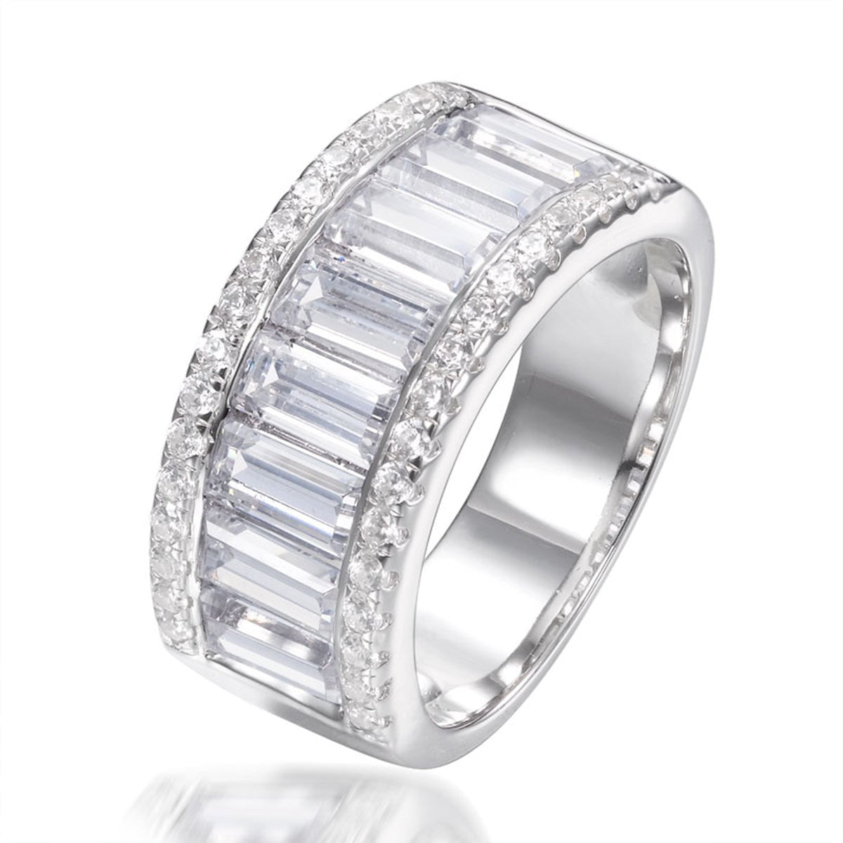 Cubic Zirconia Baguette Cut Half Eternity Ring Set in Rhodium Plated Silver