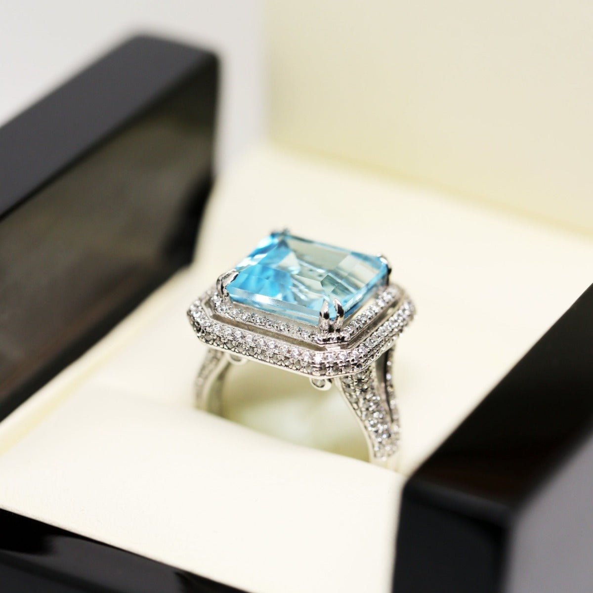6.60ct Asscher Topaz & 2.50ct Cubic Zirconia Double Halo Ring in Rhodium Plated Silver