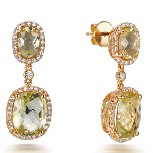 6.60ct Citrine Cushion Halo Drop Earrings in 14k Yellow Gold Plated Silver