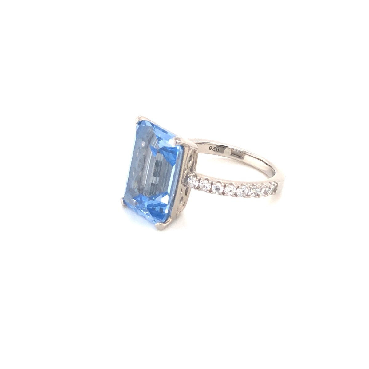 8.00ct Emerald Cut Blue Spinel & Cubic Zirconia Ring Set in Rhodium Plated Silver