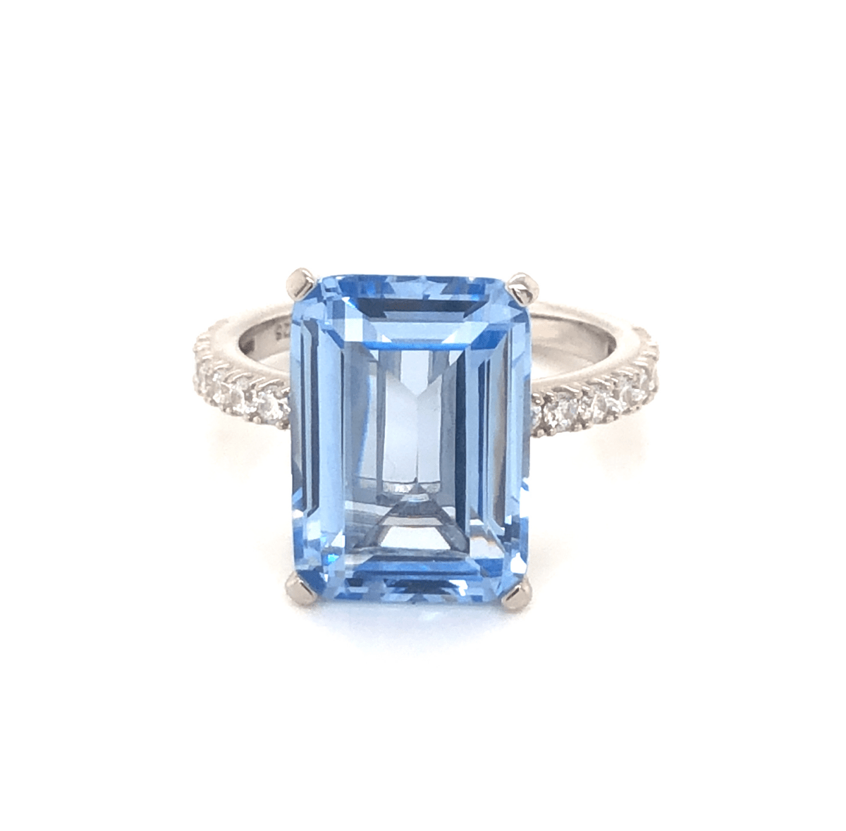 8.00ct Emerald Cut Blue Spinel &amp; Cubic Zirconia Ring Set in Rhodium Plated Silver