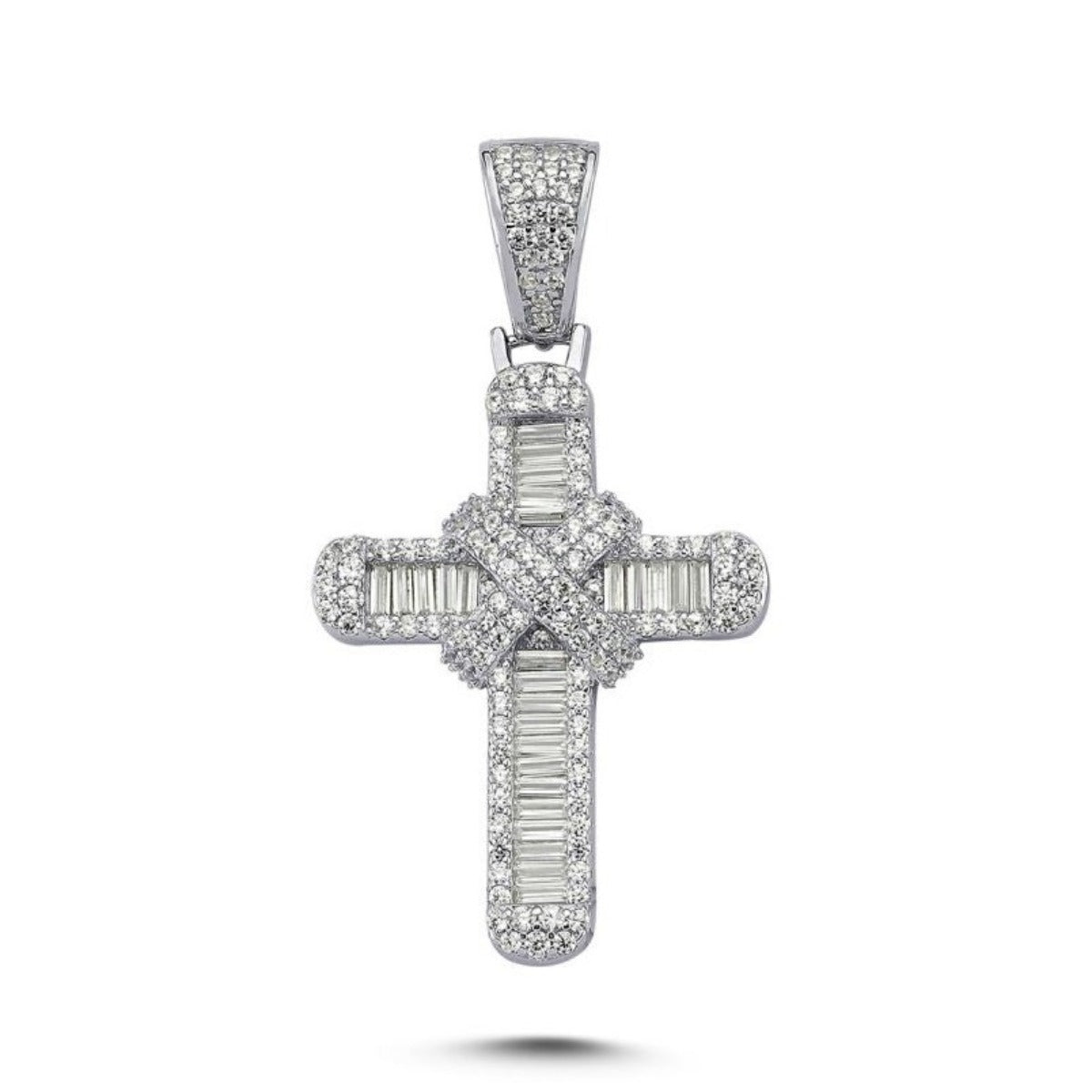 Baguette and Round Cross Pendant Cubic Zirconia in Rhodium Plated Silver 44mm