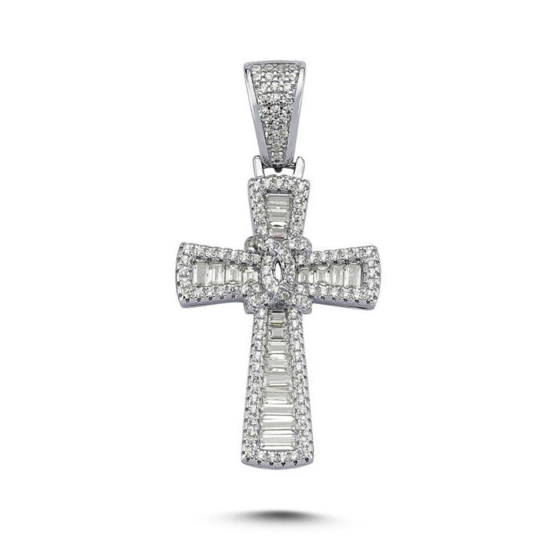 Baguette and Round Graduated Cross Pendant Cubic Zirconia in Rhodium Plated Silver