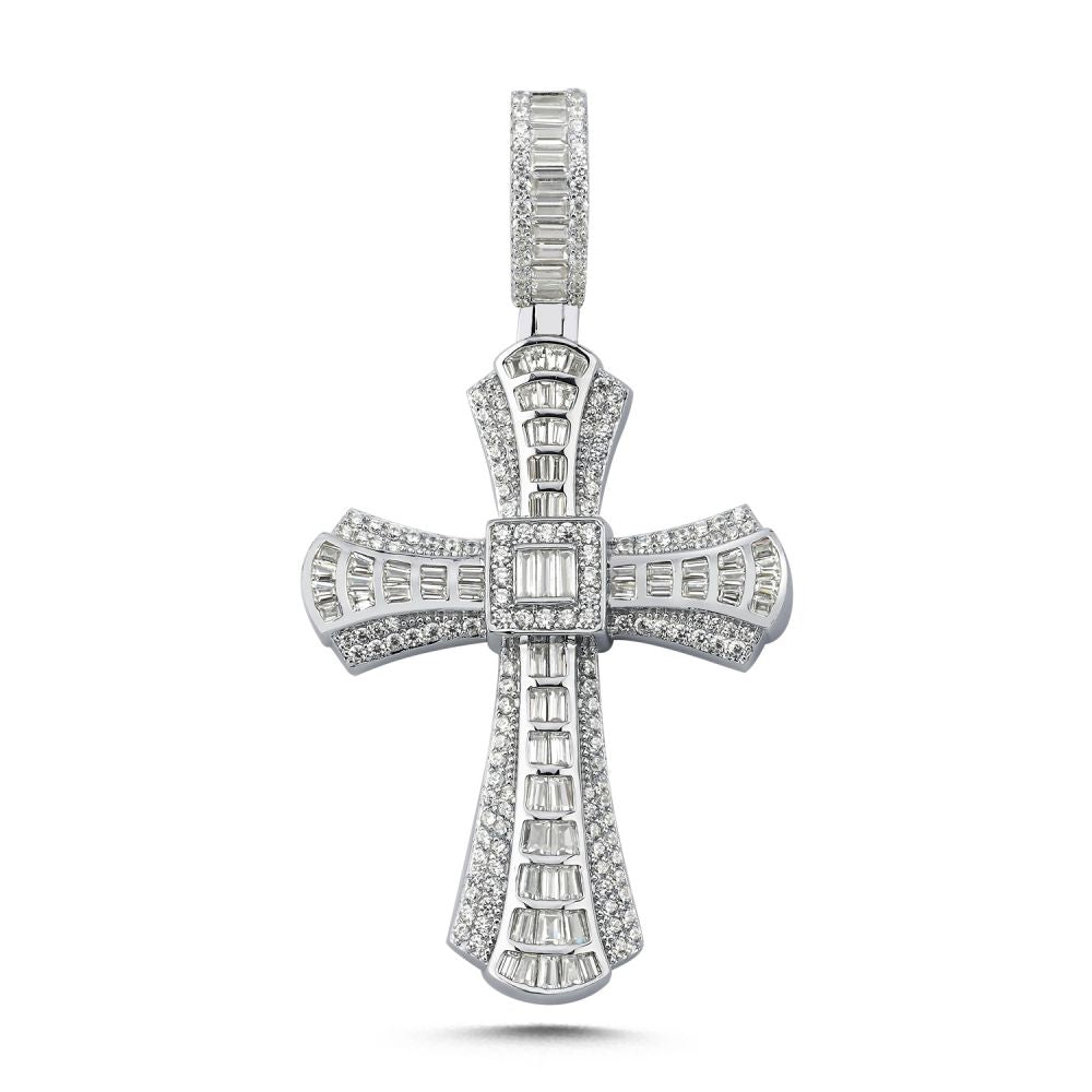 Baguette Cubic Zirconia Byzantine Baguette Cross Pendant in Rhodium Plated Silver