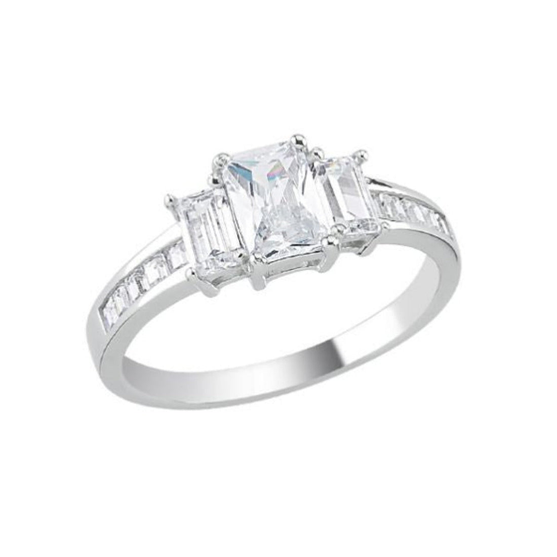 Baguette Cut Channel Set Cubic Zirconia Three Stone Ring in Rhodium Plated Silver