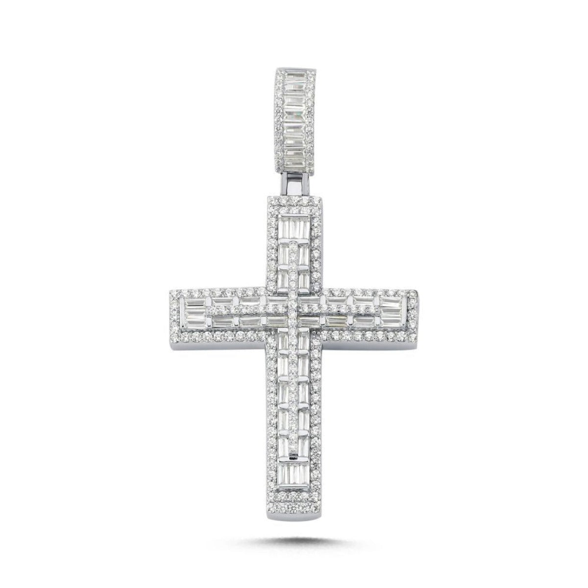 Baguette Cut Cubic Zirconia Cross Pendant in Rhodium Plated Silver
