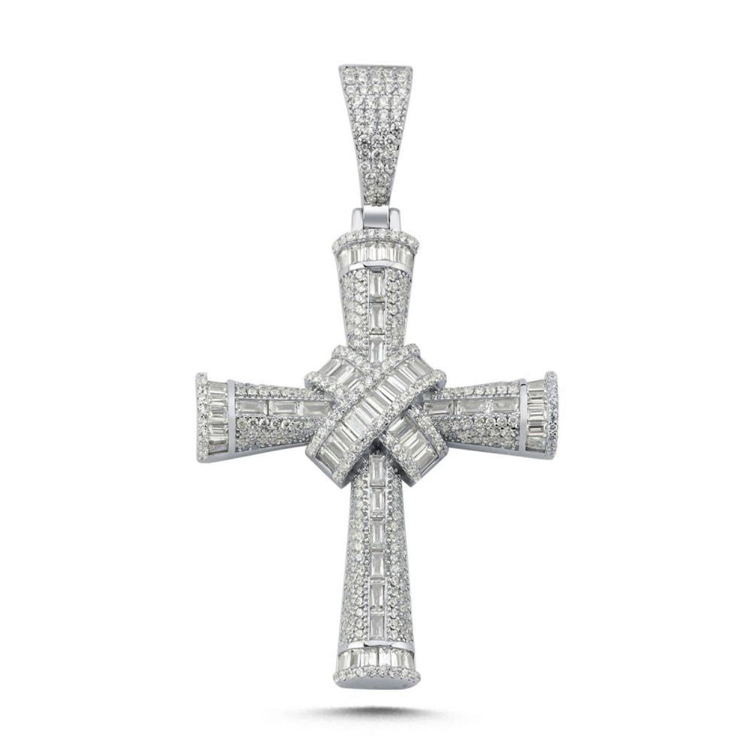 Baguette &amp; Round Cubic Zirconia Cross Knot Pendant in Rhodium Plated Silver