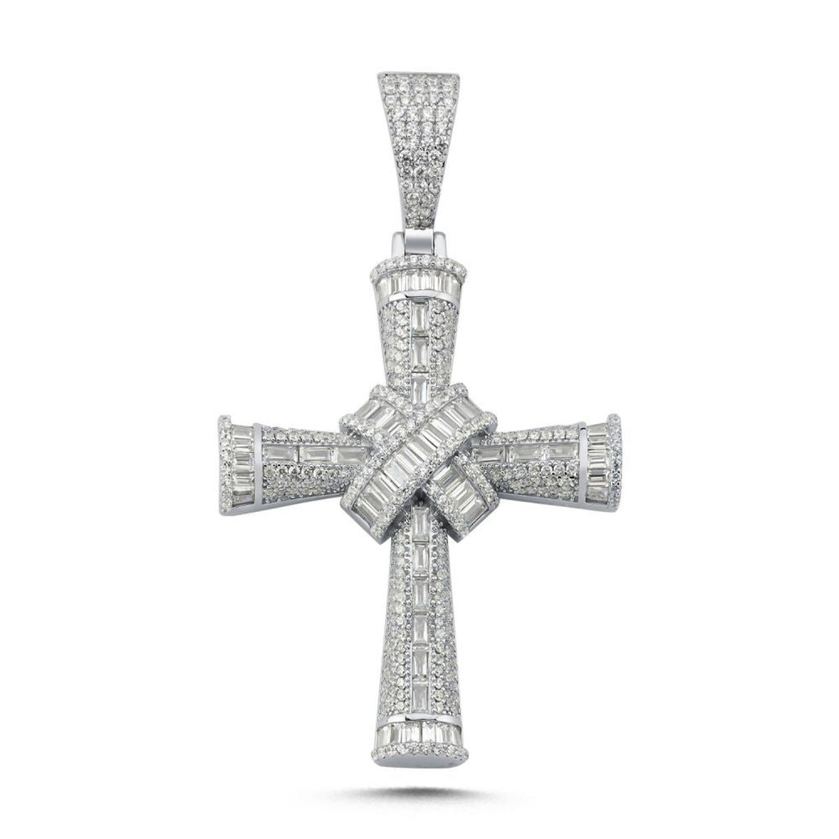 Baguette & Round Cubic Zirconia Cross Knot Pendant in Rhodium Plated Silver