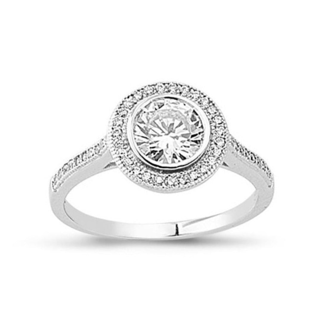 Classic Rub Over Cubic Zirconia Halo Ring in Rhodium Plated Silver