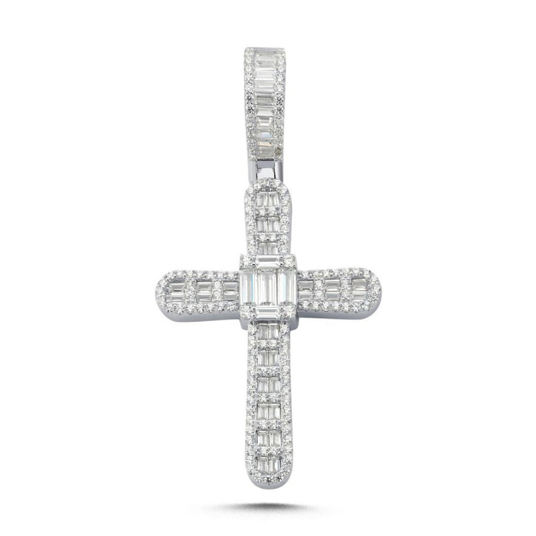 Cubic Zirconia Arch Cross Pendant Round and Baguette in Rhodium Plated Silver