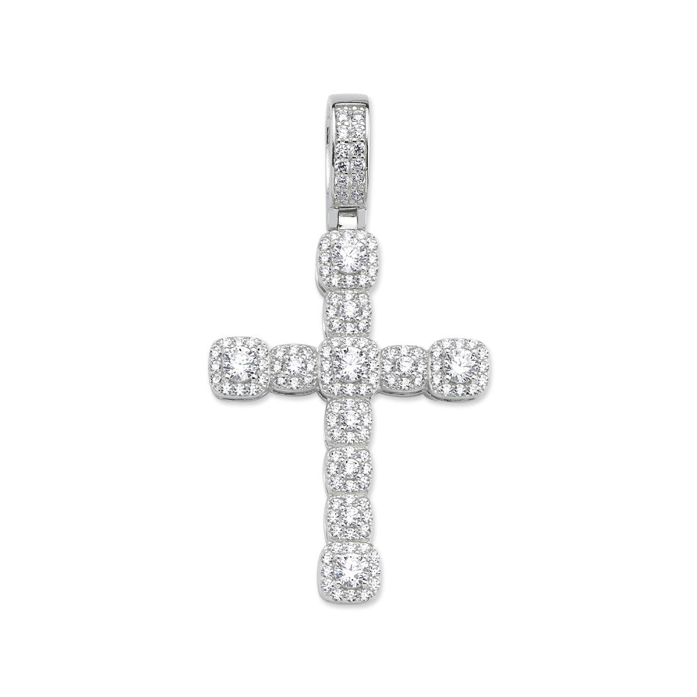 Cubic Zirconia Block Cluster Cross Pendant in Rhodium Plated Silver