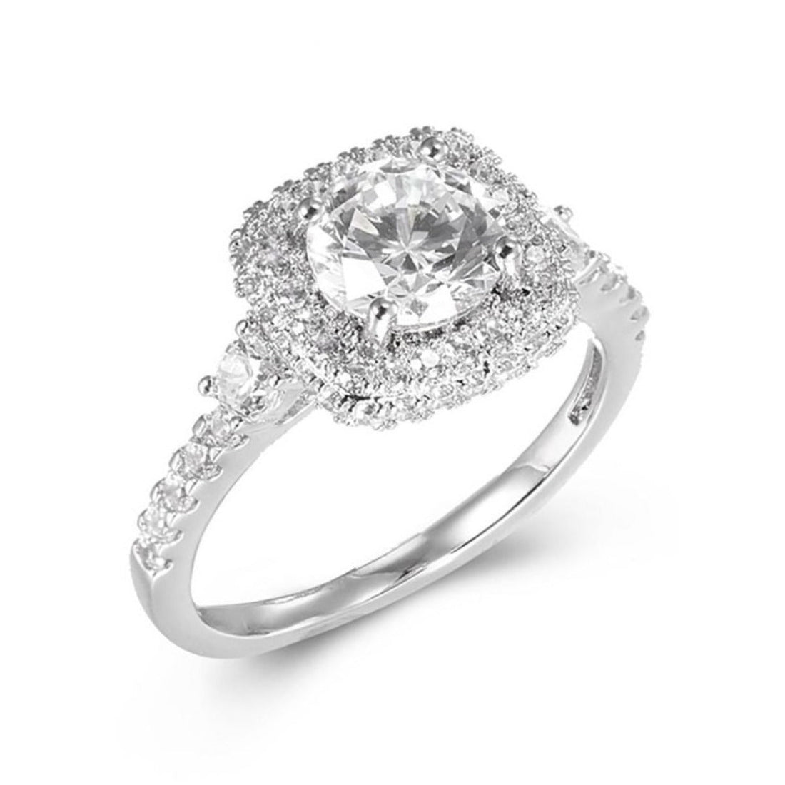 Cubic Zirconia Cluster Halo Engagement Ring in Rhodium Plated Silver