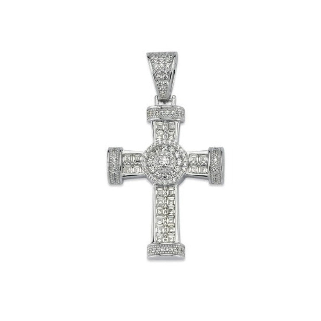 Cubic Zirconia Cross Pave Set Pendant in Rhodium Plated Silver 46mm