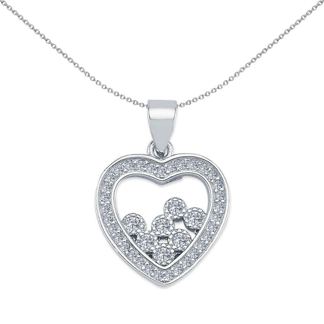 Cubic Zirconia Floating Crystal Halo Heart Pendant In Rhodium Plated Silver