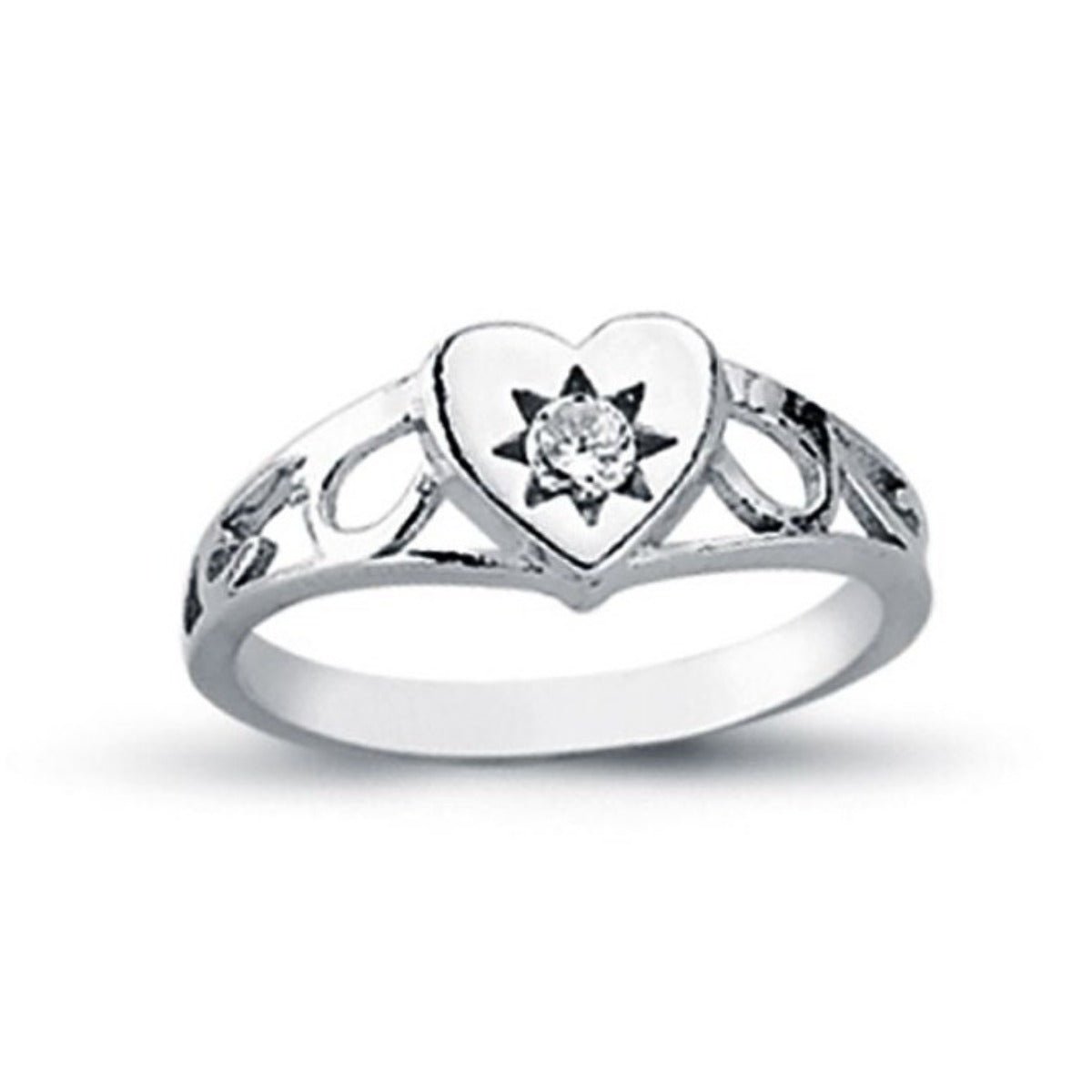 Cubic Zirconia Heart Stud Ring in Rhodium Plated Silver