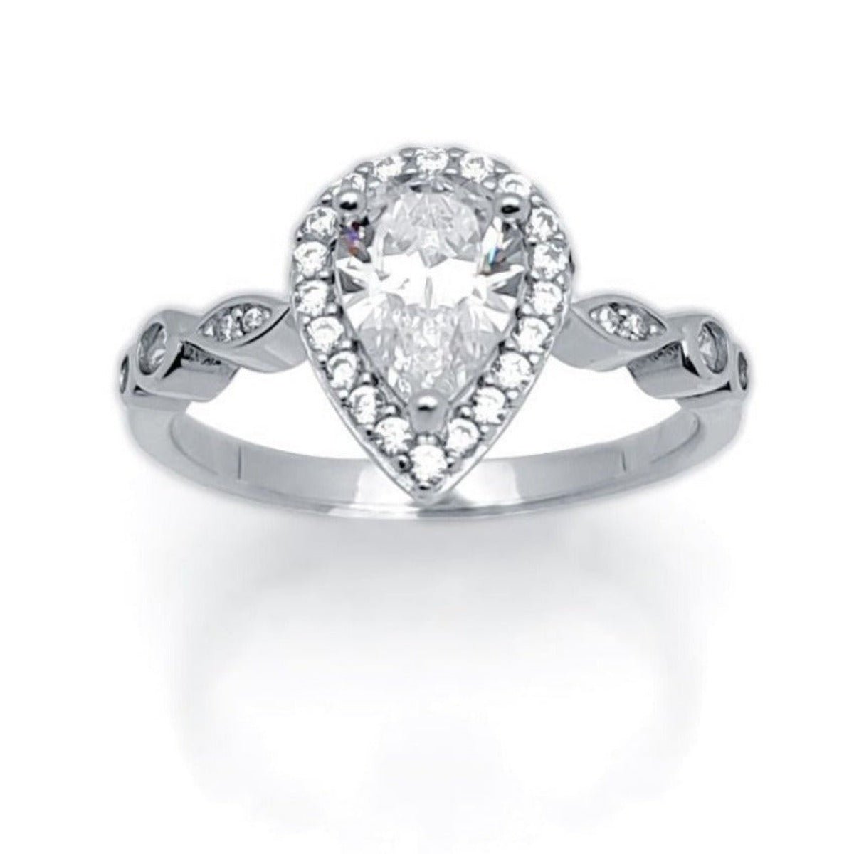 Cubic Zirconia Pear Halo & Side Stone Ring in Rhodium Plated Silver