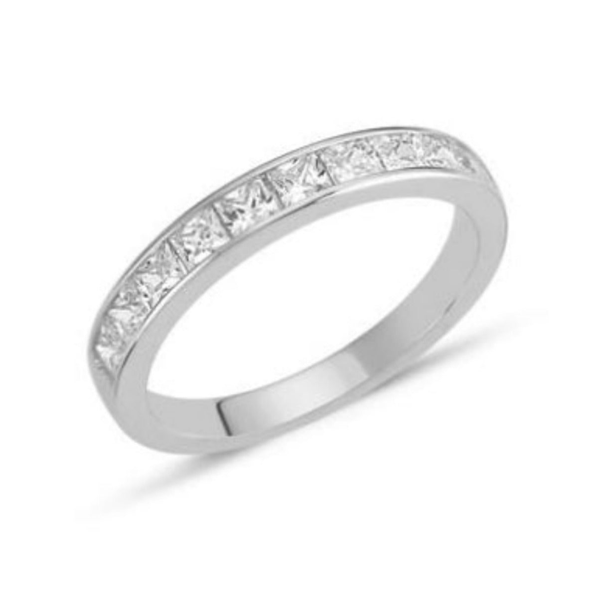 Cubic Zirconia Princess Cut Half Eternity Ring in Rhodium Plated Silver 3.2mm