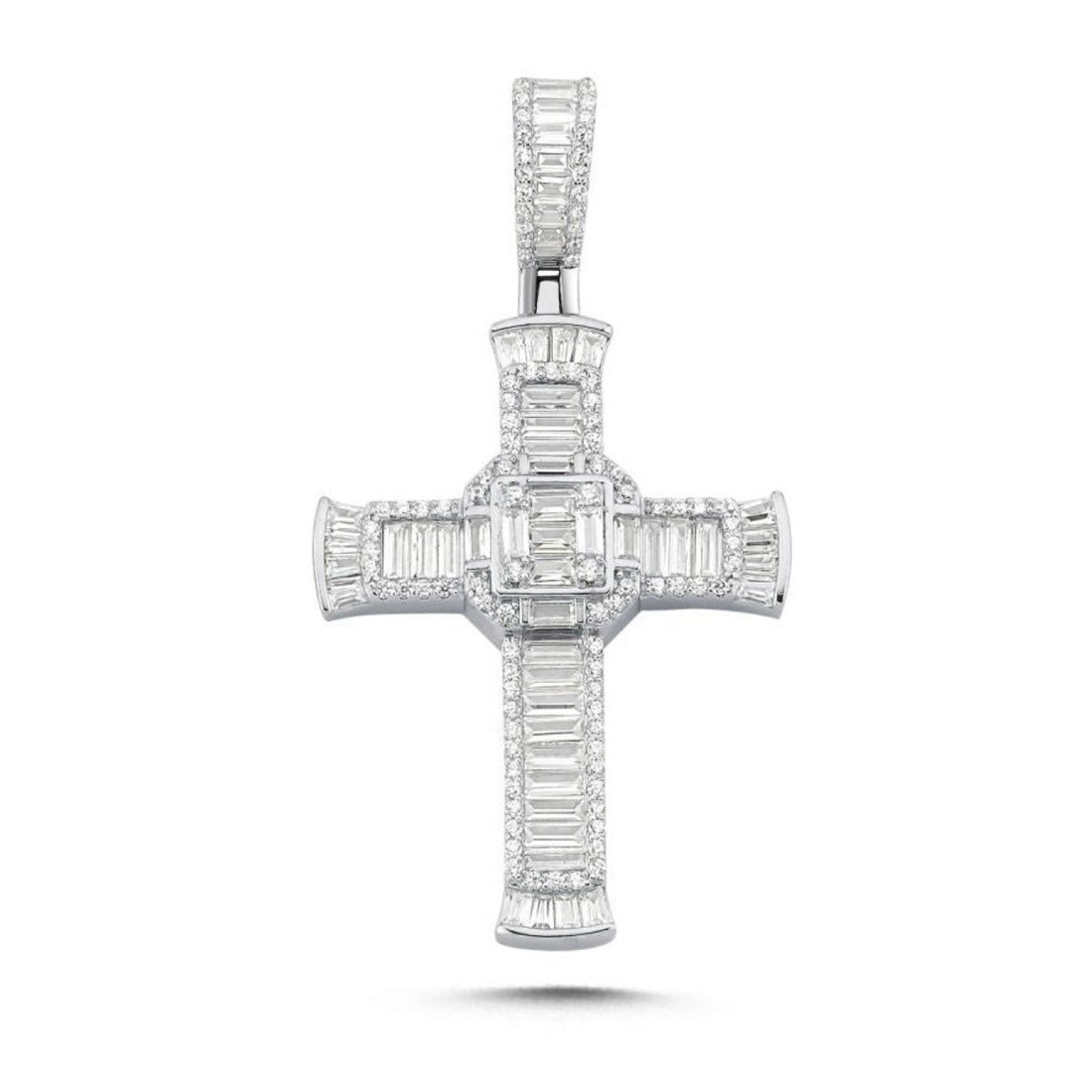 Cubic Zirconia Round and Baguette Art Deco Cross Pendant in Rhodium Plated Silver