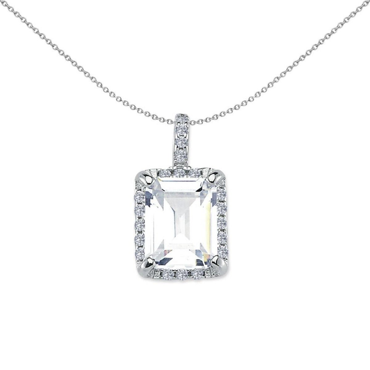 Emerald Cut Cubic Zirconia Halo Pendant in Rhodium Plated Silver