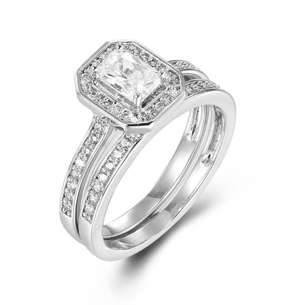 Emerald & Round Cut Cubic Zirconia Halo Engagement Ring Set in Rhodium Plated Silver