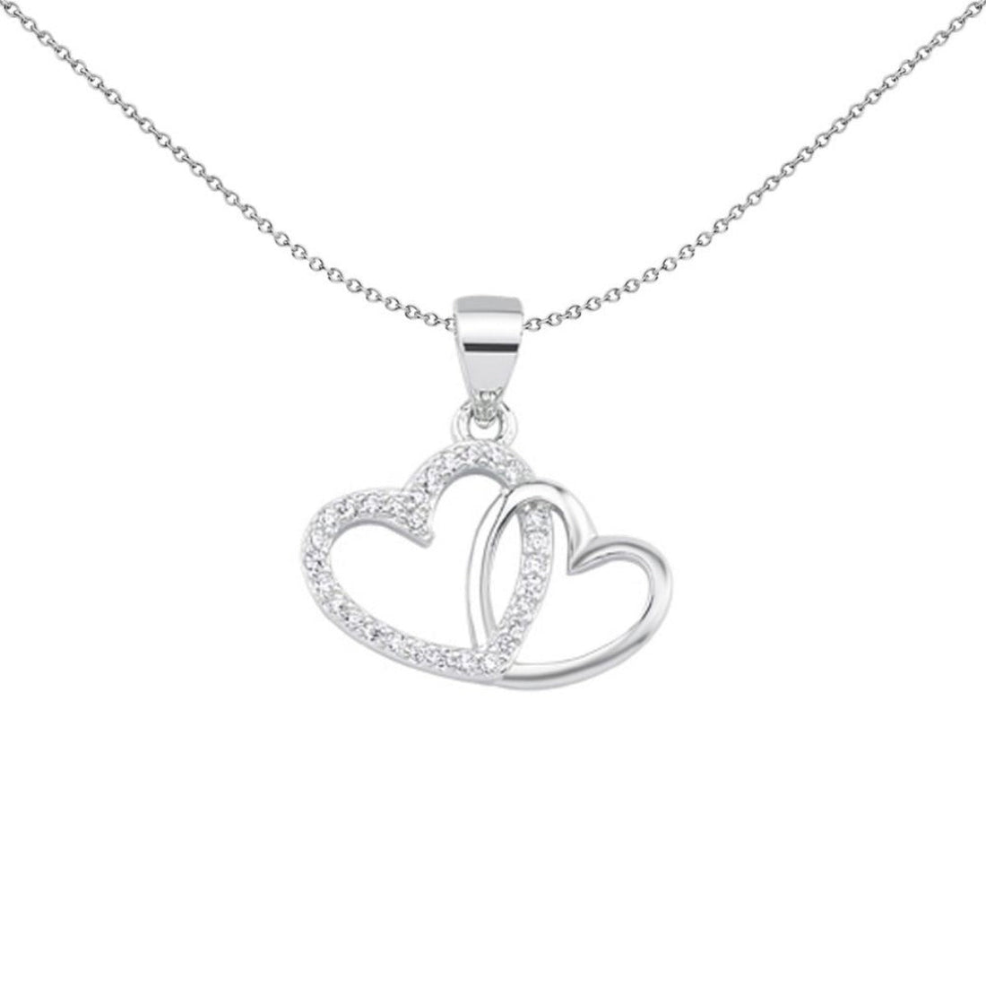 Pave Set Cubic Zirconia Double Heart Pendant in Rhodium Plated Silver
